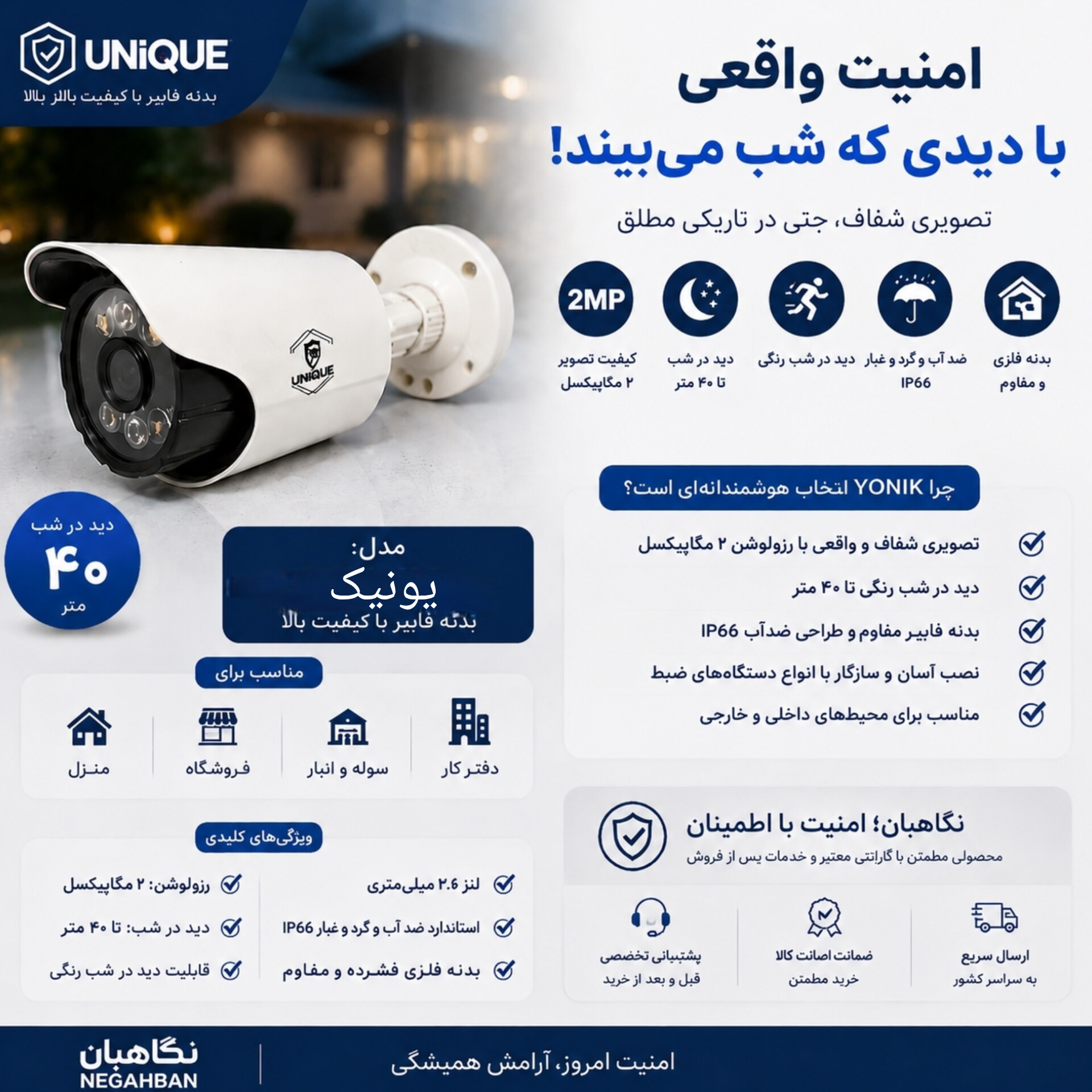 دوربین ۲ مگاپیکسل AHD یونیک با دید در شب رنگی بدنه فایبر ضد آب