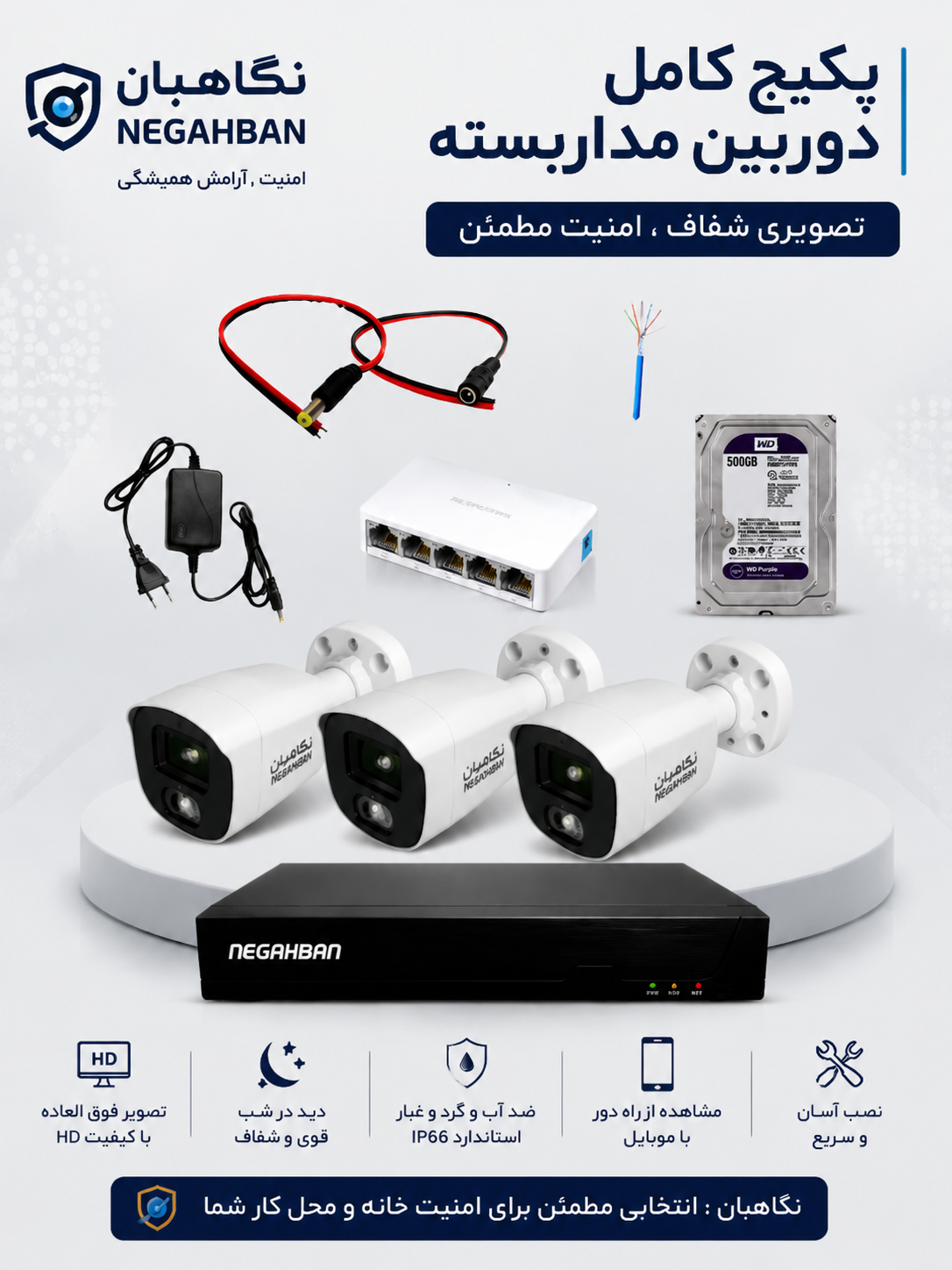 پکیج 3 عددی دوربین مداربسته BN-904-CH42 IP حرفه ای و هوشمند،تمام رنگی،ضد آب