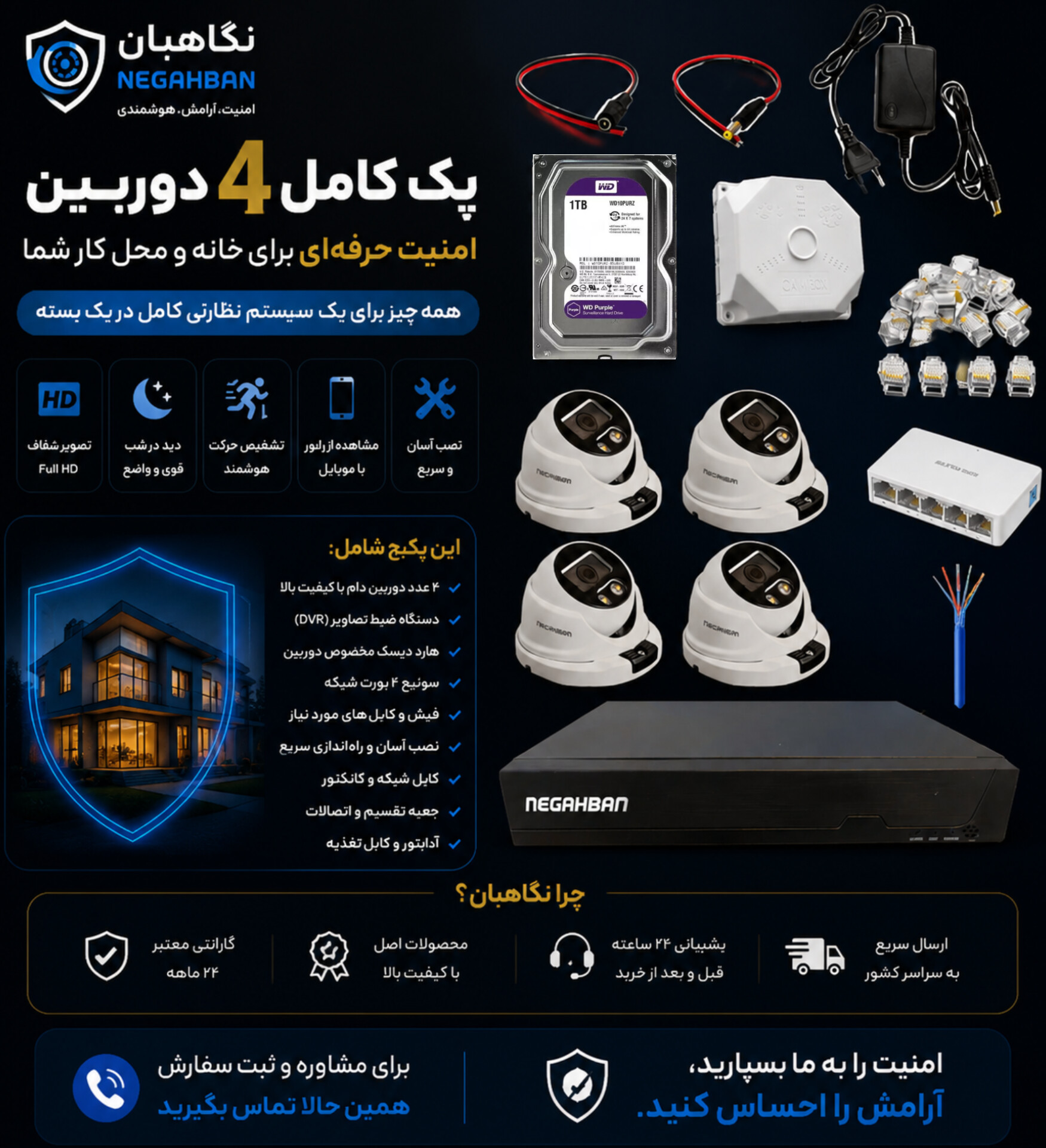 پکیج 4 دوربین مداربسته نگاهبان IP DN_957_XNV +دستگاه NVR+هارد1 ترابایت با کیفیت عالی
