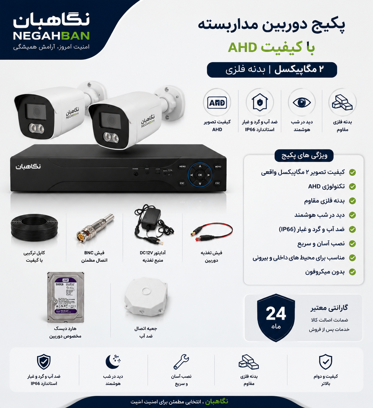 پکیج 2 دوربین مداربسته نگاهبان AHD BN_802_CH+دستگاه ضبط+هارد 500 گیگ