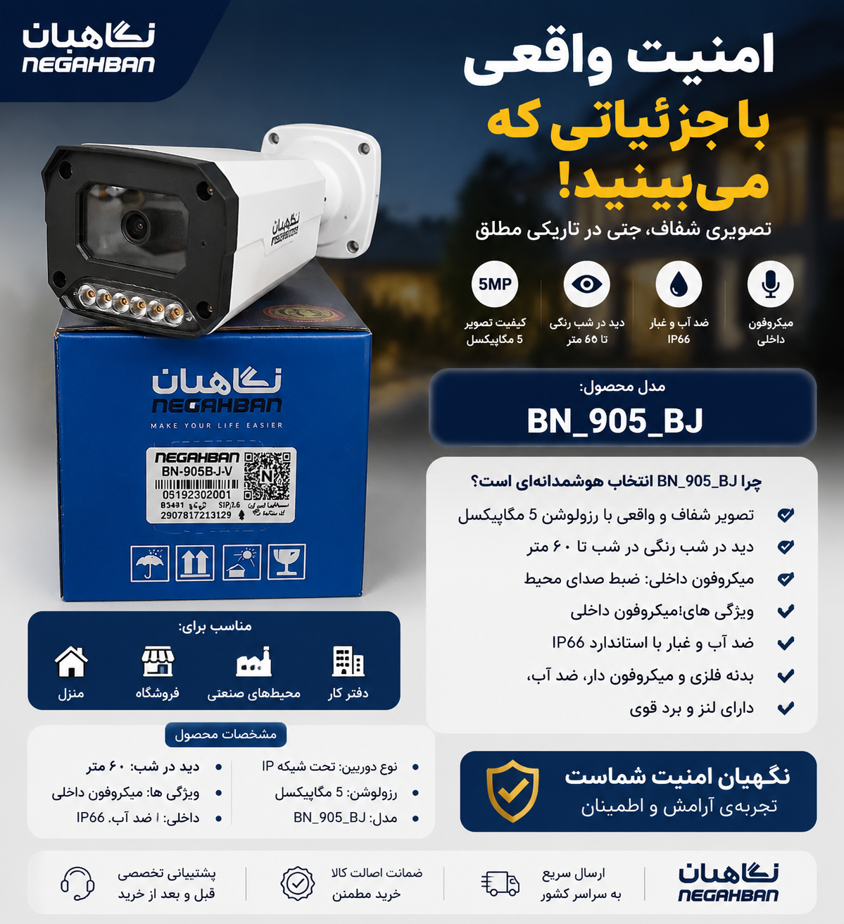 دوربین مداربسته نگاهبان IP BN_905_ BJ،کیفیت خیلی واضح،دید شب تمام رنگی