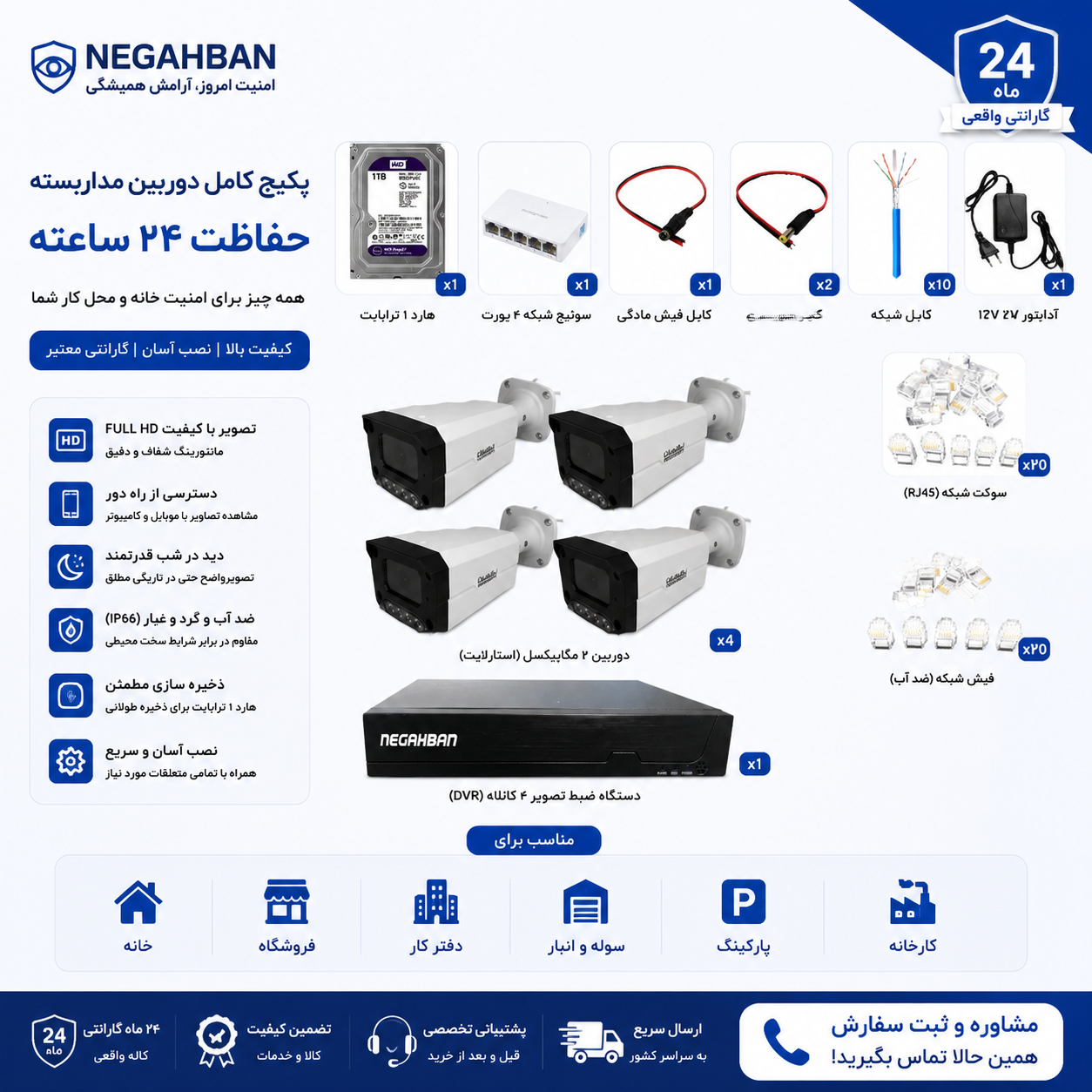 پک4دوربین مداربسته نگاهبان BN_905_KJ IP،دستگاهNVR+هارد1ترابایت