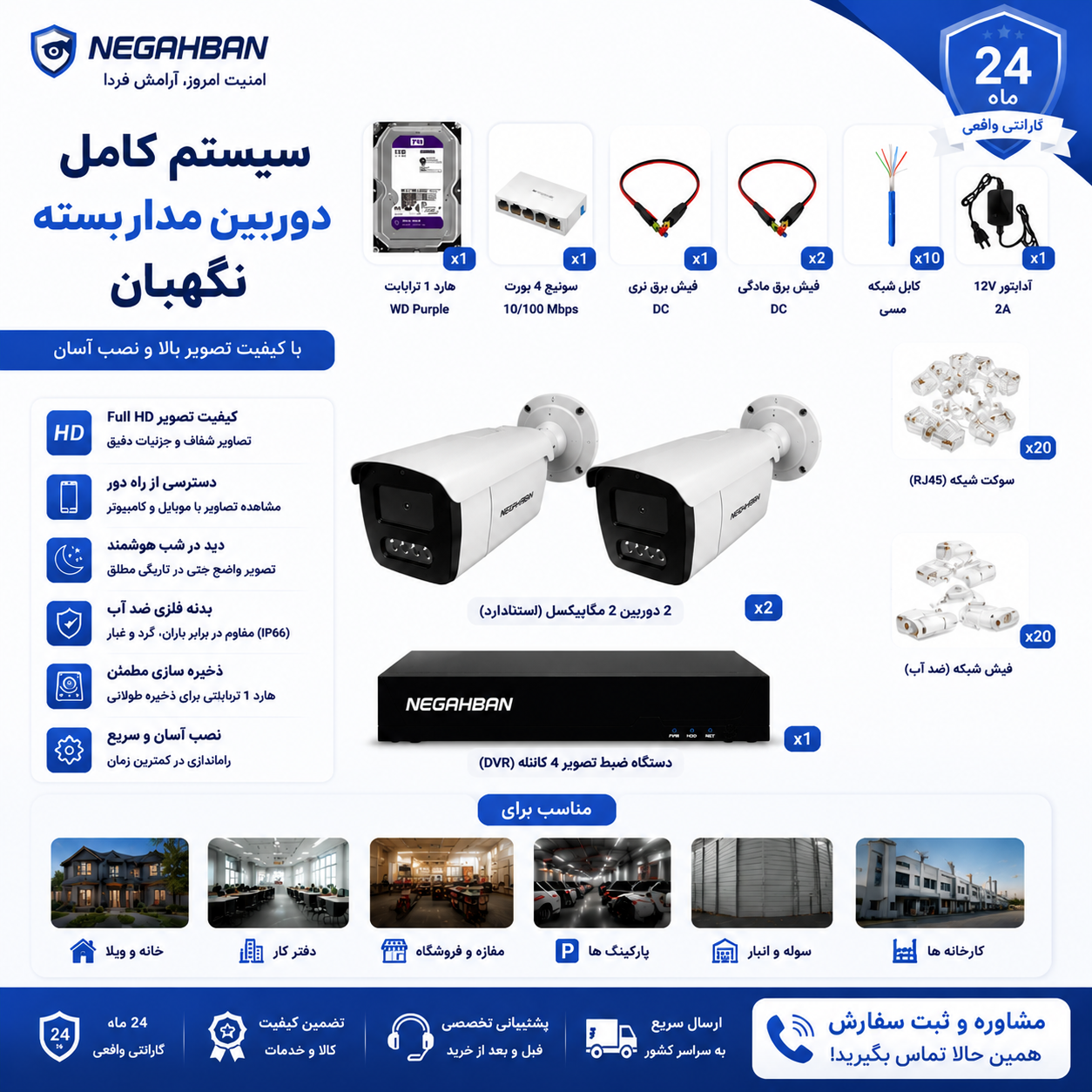 پک کامل 2 دوربین مداربسته نگاهبان IP  BN_905_BJ،هارد1ترابایت،کیس بزرگ و دستگاه NVR