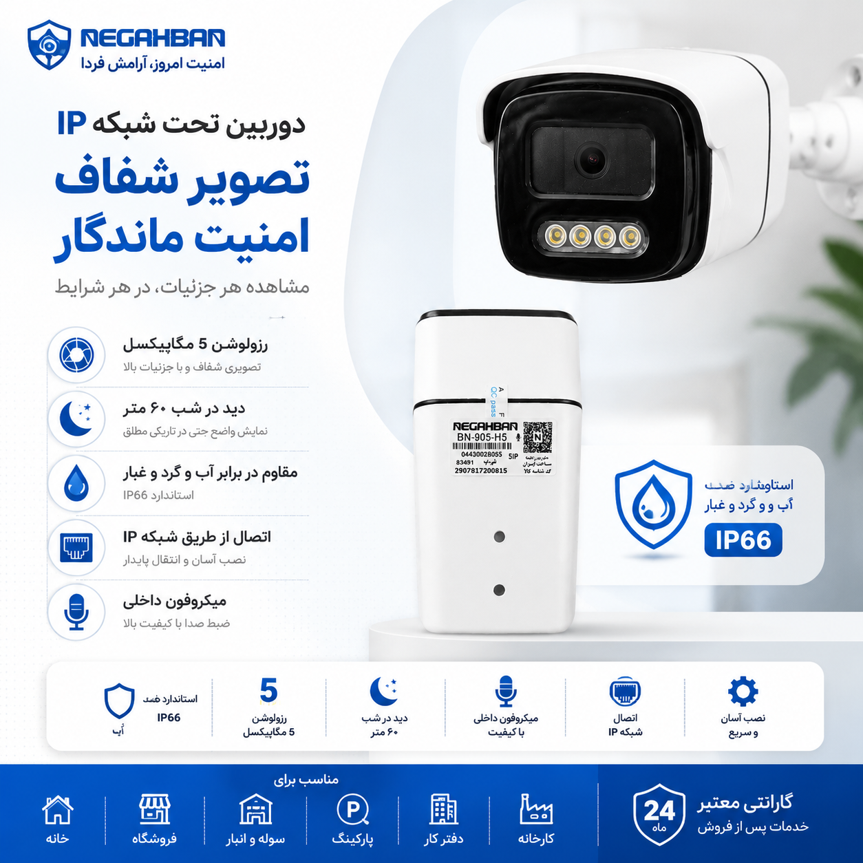دوربین مداربسته نگاهبان IP BN_905_H5  با لنز سونی،full hdبا تصویر ایده آل ودید شب رنگی