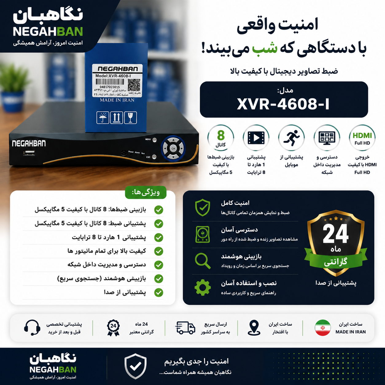 دستگاه 8 کانال نگاهبان AHD-XVR،انتقال تصویر و جستجوی هوشمندو ptz