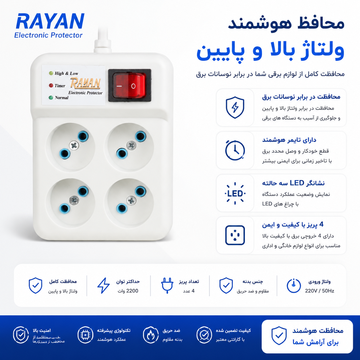 محافظ برق 4 خانه با کابل 1.5 متری