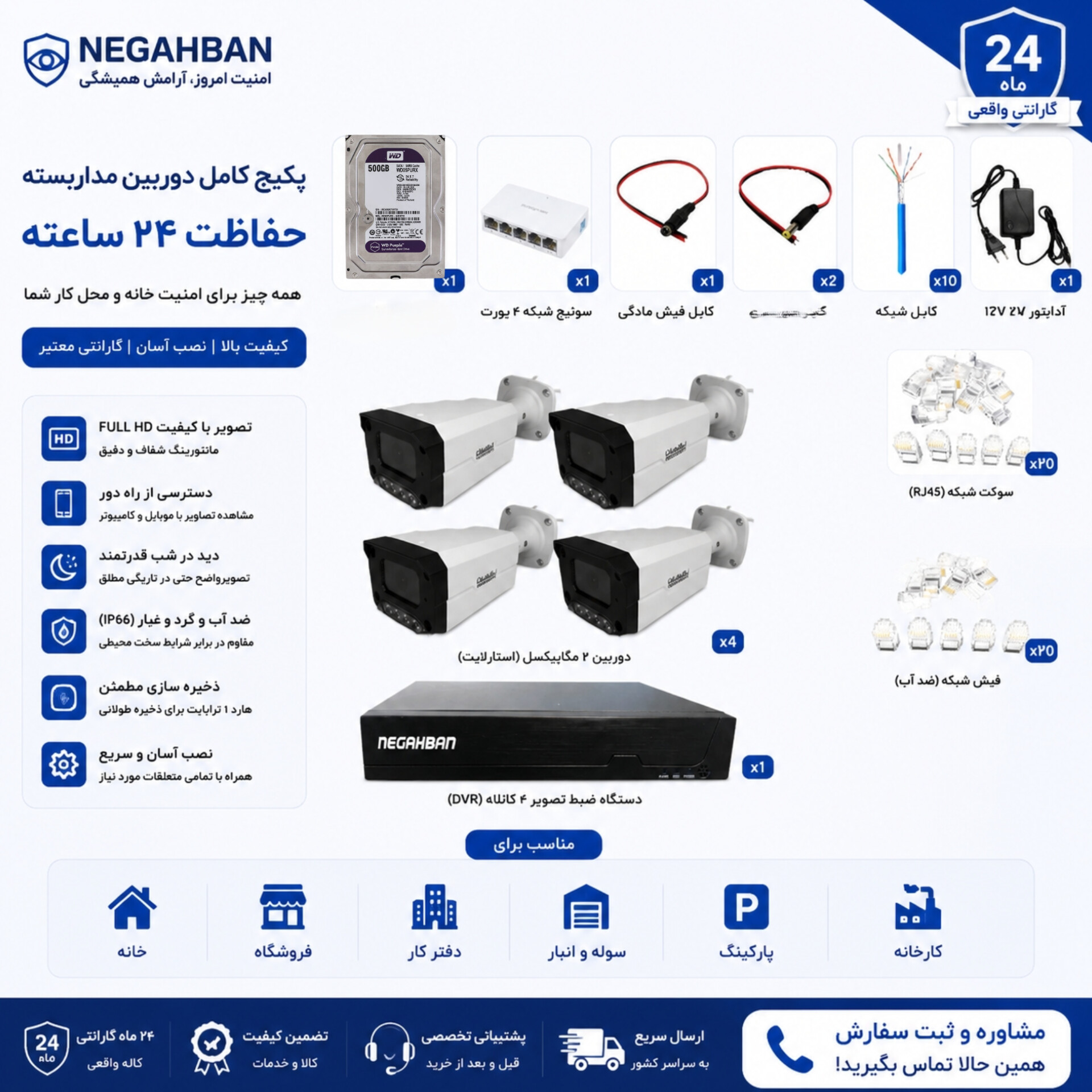 پک 4 دوربین مداربسته نگاهبان BN_905_KJ IP+کیفیت بالا +هارد 500+NVR