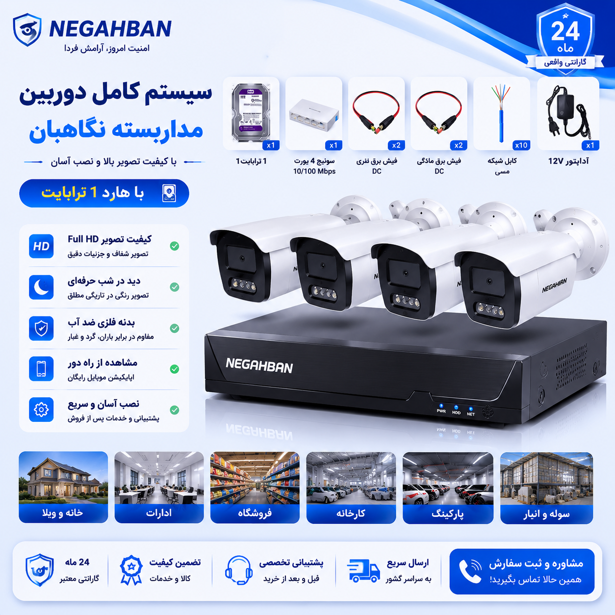 پک کامل 4 دوربین مداربسته نگاهبان BN_905_BJ  IP هارد1ترابایت،NVR وضوح تصویر واقعی