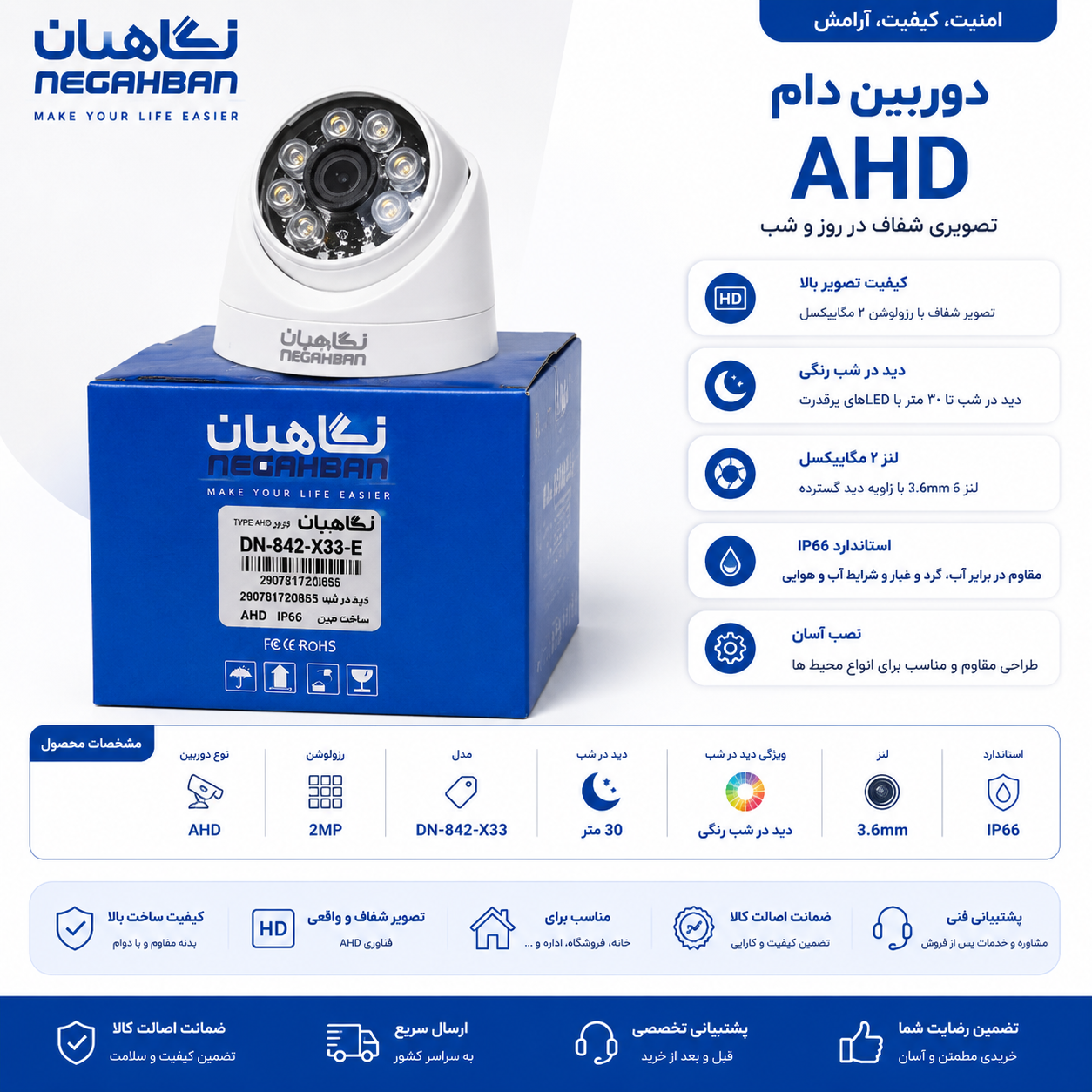 دوربین مداربسته نگاهبان 2M مدل DN-842-X33 اقتصادی کیفیت بالا،دید شب تمام رنگی