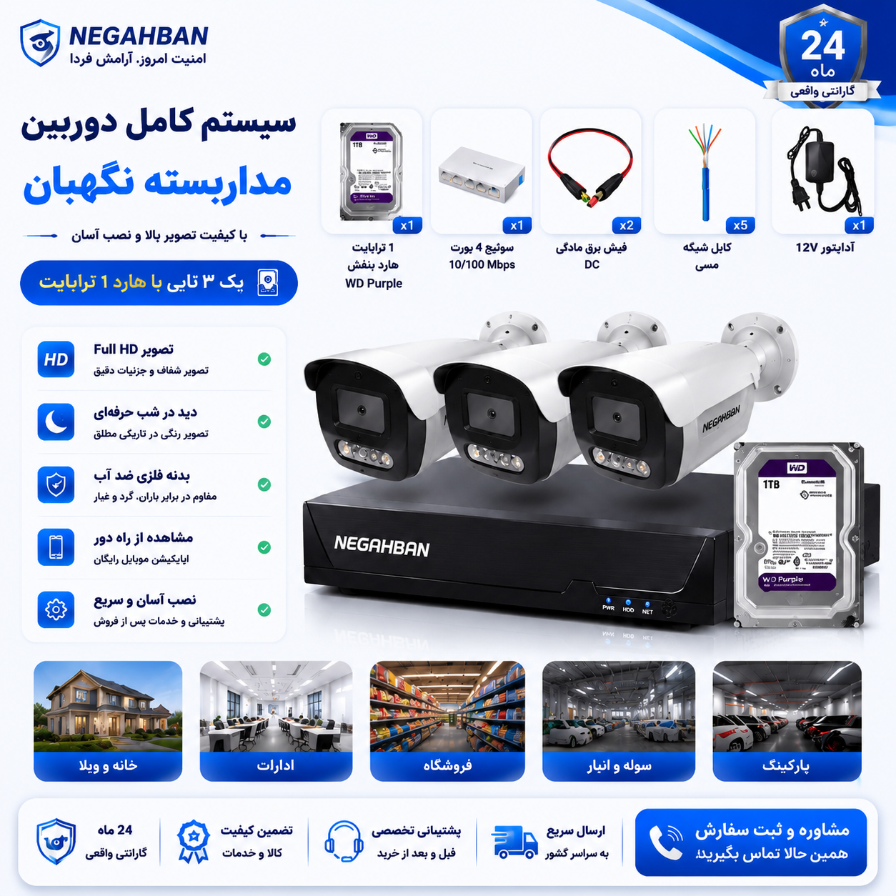 پک کامل 3 دوربین مداربسته نگاهبان BN_905_BJ IP،هارد1ترابایت،NVR،زاویه دید گسترده