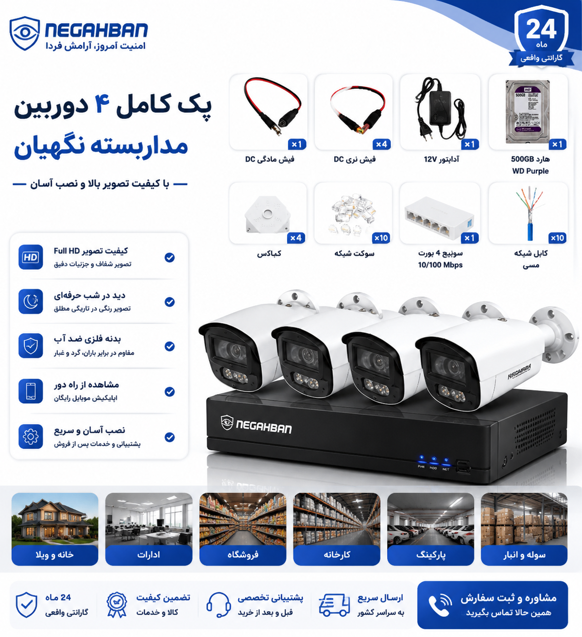 پکیج 4 عددی دوربین مداربسته نگاهبان IP BN_902_VJ،هوشمند+ هارد500گیگ