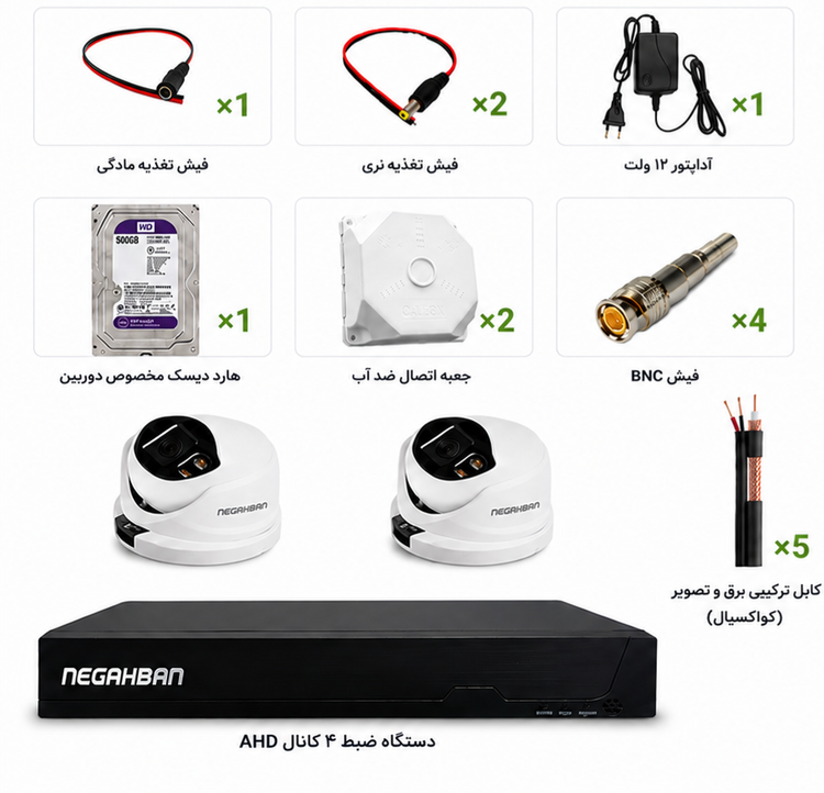 پکیج 2 دوربین مداربسته نگاهبان DN-842-X33 AHD+دستگاه ضبط xvr+هارد 500 گیگ