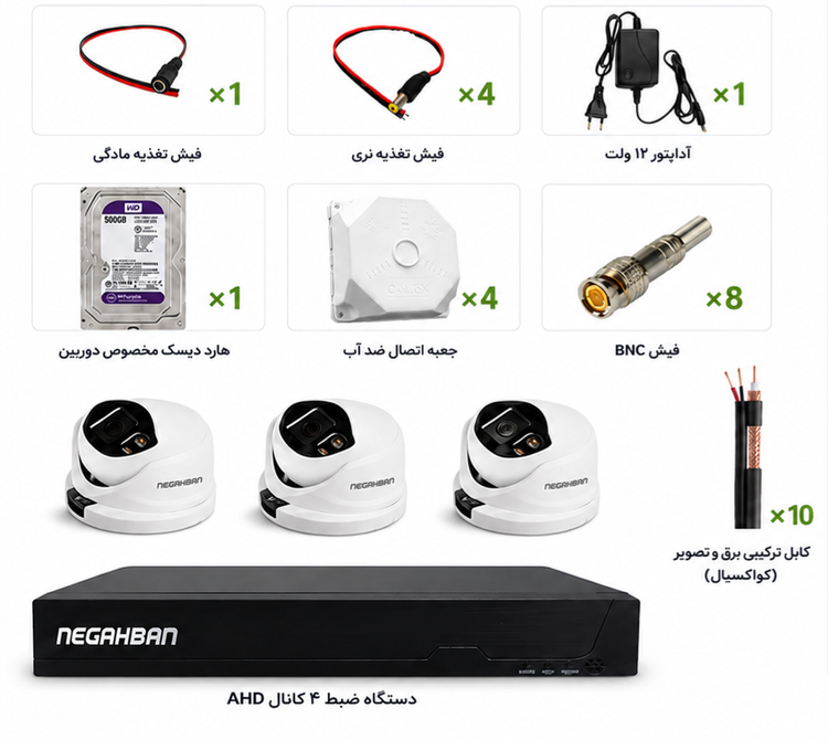 پکیج منحصر به فرد 3 دوربین نگاهبان AHD DN-842-X33+دستگاه ضبط+هارد 500 گیگ