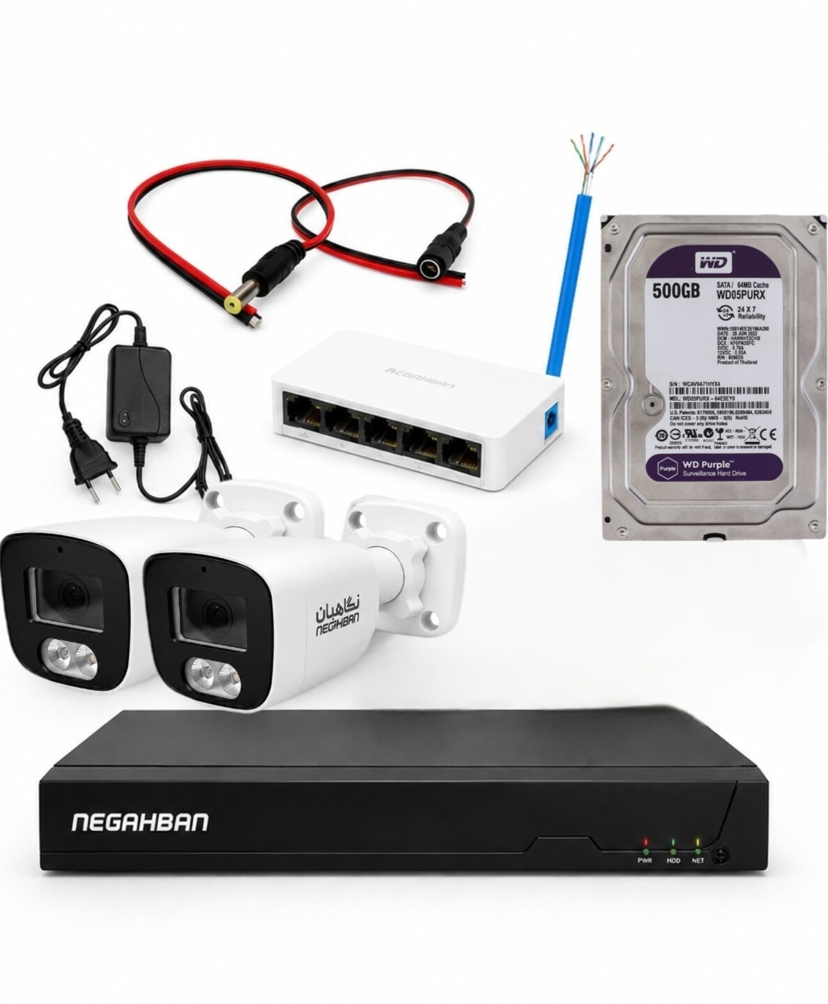پکیج 2 عددی دوربین مداربسته BN-904-CH42 IP حرفه ای و هوشمند،تمام رنگی،ضد آب