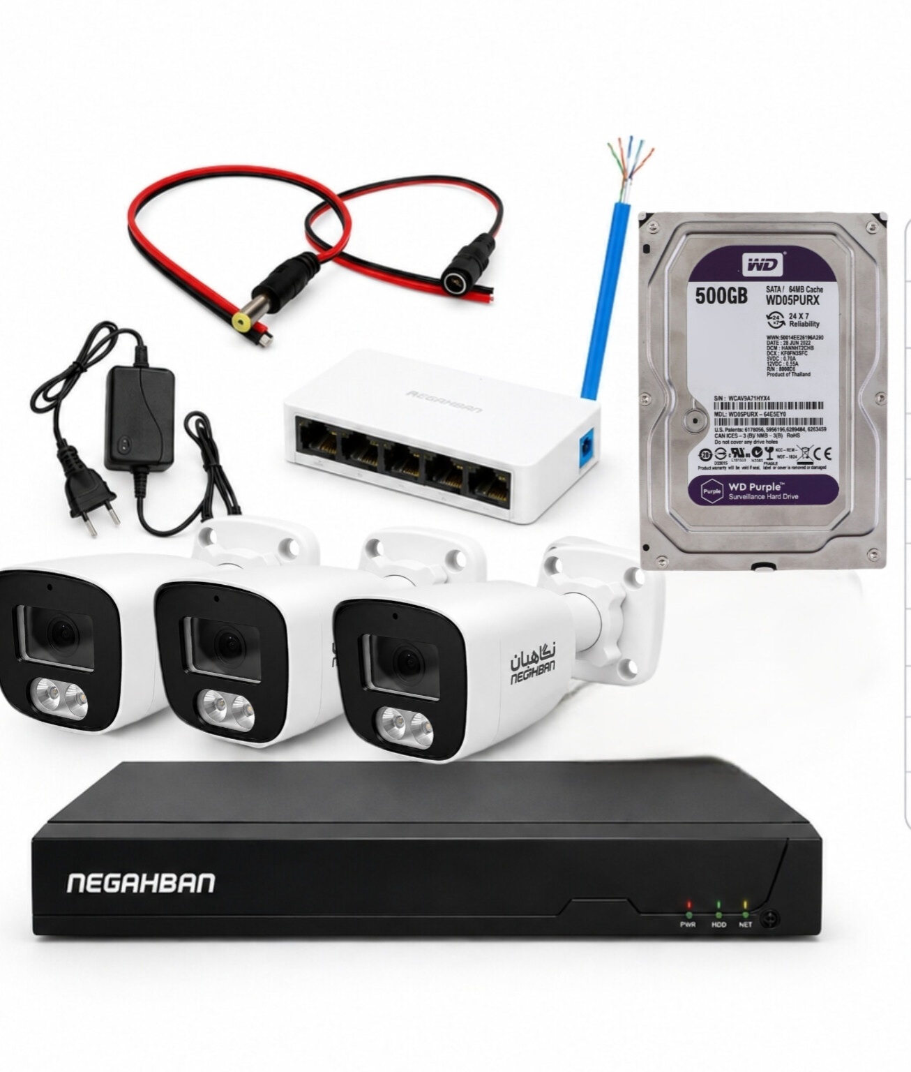 پکیج 3 عددی دوربین مداربسته BN-904-CH42 IP حرفه ای و هوشمند،تمام رنگی،ضد آب