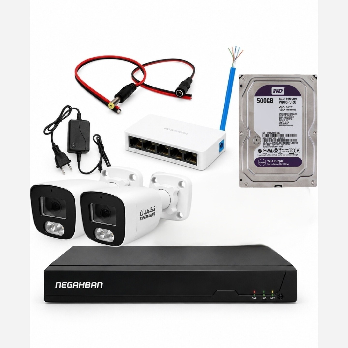 پکیج 2 عددی دوربین مداربسته BN-904-CH42 IP حرفه ای و هوشمند،تمام رنگی،ضد آب